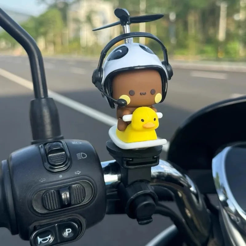 Bubu And Dudu Bike Little Yellow Duck Helmet Car Ornaments Battery Motorcycle Decorative Accessories Anime Figure Model Toy Gift